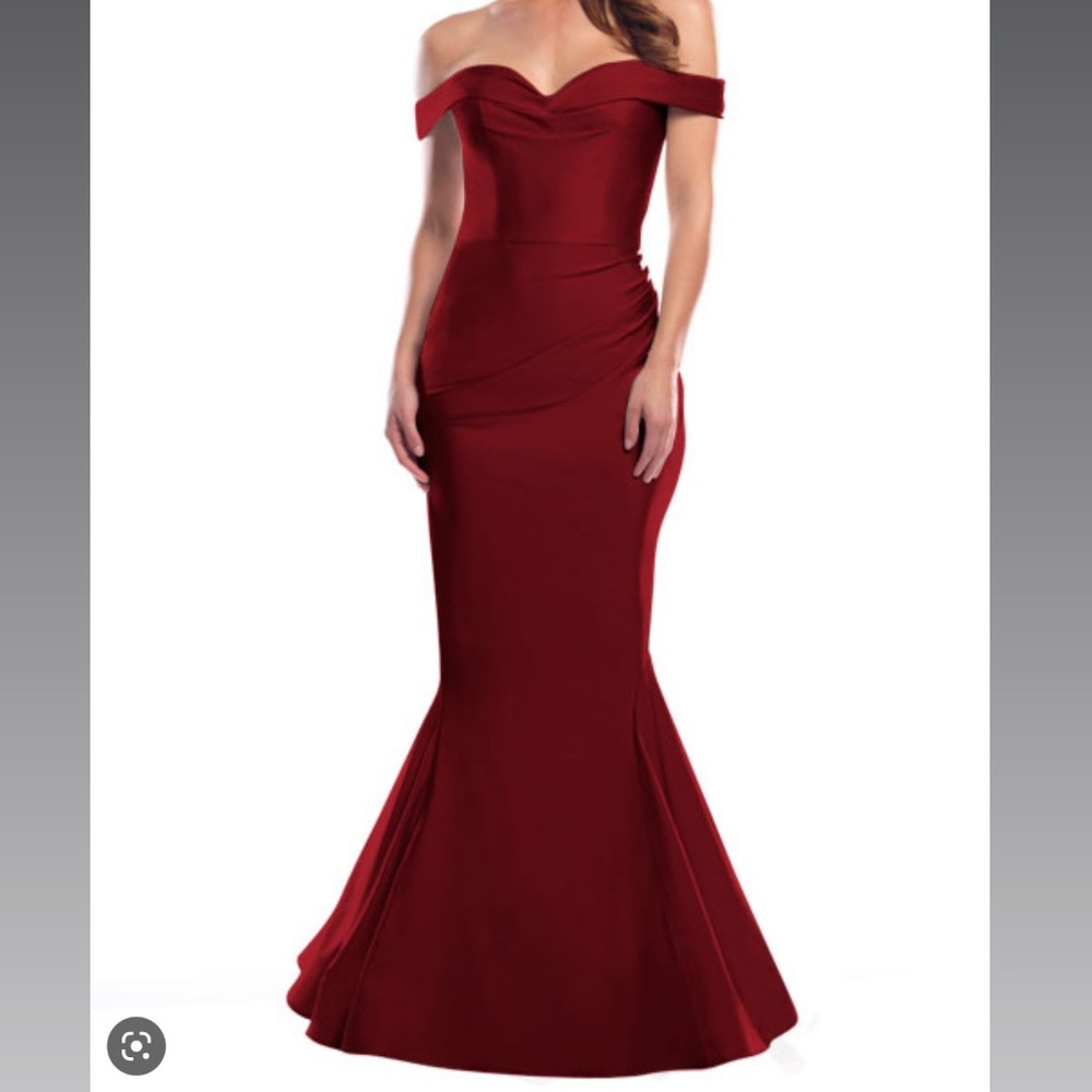 BARI JAY 2059 BRIDESMAIDS EVENING GOWN DRESS WINE OFF SHOULDER XS LUX STRETCH